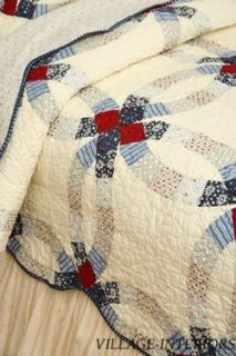 RED, BLUE & IVORY WHITE AMERICANA WEDDING RING 100% COTTON KING QUILT