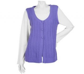 Denim & Co. Long Sleeve Duet Sweater Vest with Knit Trim —