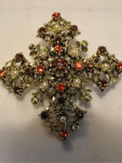 Vtg Jeweled Lisner Maltese Cross Brooch Gold Orange Amber Stones Pearl