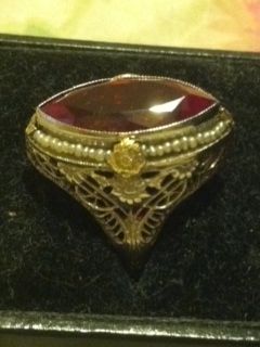 Antique 14k Gold Ring Seeded Pearls Ruby Red Stone 