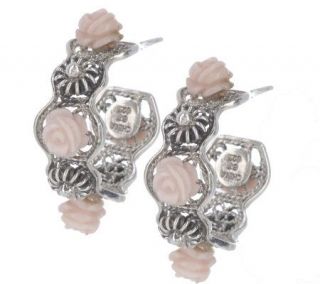 Artisan Crafted Sterling Carved Pink Opal Flower Hoop Earrings