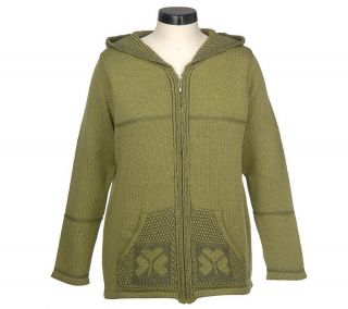 Aran Craft Merino Wool ZipFront Hooded Cardigan with Shamrock Design 