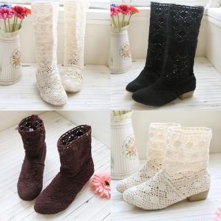 New Womens Shoes Lace Cowboy Boots Breathy Gauze Mid Calf Boots Wedge