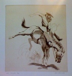 art etching by don crouch cowboy on bucking horse