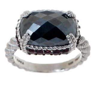 Judith Ripka Hematite and Rhodolite Cushion Ring —