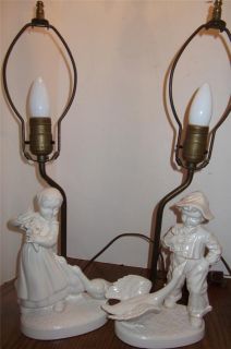 VINTAGE CERAMIC MOLD BOY AND GIRL TABLE BOUDOIR LAMPS WHITE GLAZED