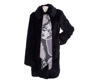 Dennis Basso Black Pelted Faux Fur Mink Coat with Printed Scarf
