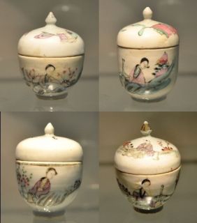 Antique Chinese Hand Painted Porcelain Cups with Lids