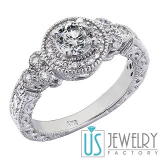 Antique Style 0 94ct VS1 F Round Diamond Engagement Ring Millgrain
