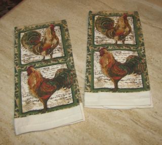 Set of 2 terry kitchen towels with rooster images; cream, olive, red
