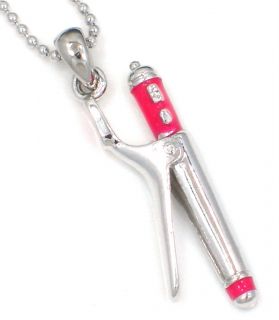 New Hair Stylists Curling Iron Silver Tone Pendant Necklace Magenta