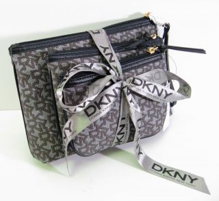 DKNY 3 PC Cosmetic Bag Set Grey Silver New