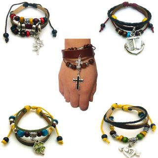  Rock Womens Mens Multielement Knit Cross Heart Leather Bracelet