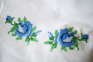 Cross Stitch Embroidery Rose Cafe Kitchen Curtain Blue