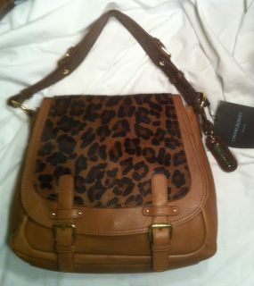 Cynthia Rowley Leopard Fur Hair Leather Saddle Messenger Bag $395