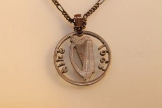 Vintage 1963 Cut Ireland Coin Necklace Eire Harp Sterling Silver Chain