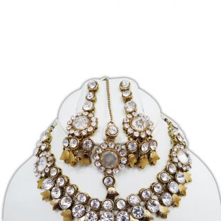 Indian Gold Tone White CZ Wedding Necklace Set Traditional Bridal