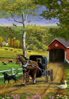  Fall Country Folk Horse Buggy Geese Cow Covered Bridge LG Flag