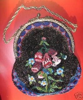 GLASS BEADED PURSE W/ORNATE SILVER PLATED FRAME c.1880