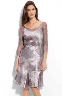 Komarov Pleated Charmeuse Dress with Lace Insets