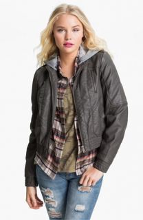 Collection B Hooded Faux Leather Bomber Jacket (Juniors)