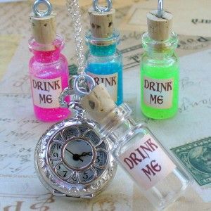 Drink Me Tea Watch Necklace Pendant Alice in Wonderland