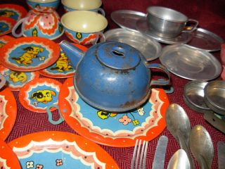   Dishes Tea Kettle Utensils Pots Pans Plates Cups 40s LOT TIN LITHO