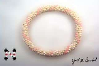 Designer Pearl Bead Crochet Bracelet w Pink Coral