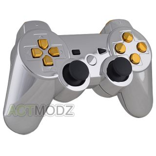 Hot Chrome Silver Custom Shell for PS3 Controller with Gold Buttons