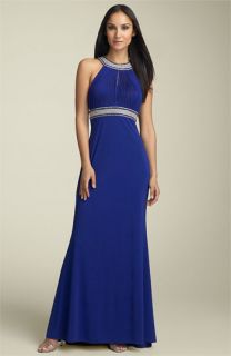 JS Boutique Beaded Jersey Halter Gown