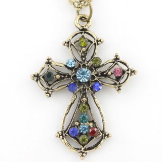 Vintage Retro Antique Gold Tone Blue Crystal Cross Necklace
