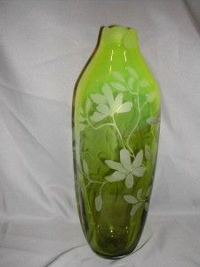 Cynthia Myers Art Glass Vase Etched Vase in Green