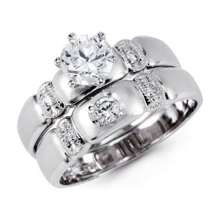 14k white gold round cz engagement wedding 2 ring set