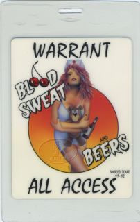  laminated backstage pass WARRANT 1991 92 BLOOD SWEAT AND BEERS TOUR