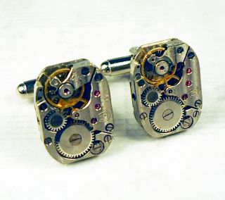 Watch movement steampunk silver cuff links in gift box metal gears