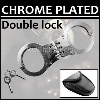  Chrome Double Lock Hinged Police Hand Cuffs w 2 Keys HC03