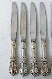 Offering for sale six Francis 1st Sterling silver knives. Each is