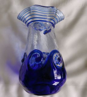  Blue Handblown Vase with Ruffel Signed by The Artist Joe Deanda