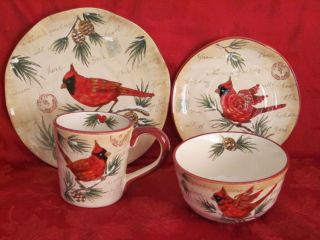  RED CARDINAL CHRISTMAS HOLIDAY WARM WISHES 16PC DINNERWARE SET SEV 4