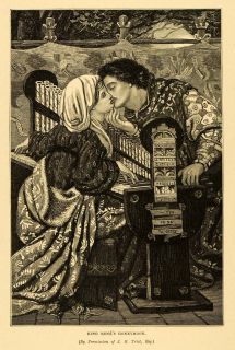 1887 Wood Engraving Dante Gabriel Rossetti Romance Musical Instrument