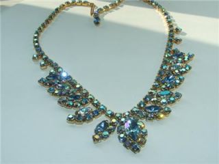 Vintage Juliana style blue Aurora Borealis rhinestone bib necklace