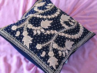 Velvet Blue Zardozi Embroidered Bed Pillow Royal Decor