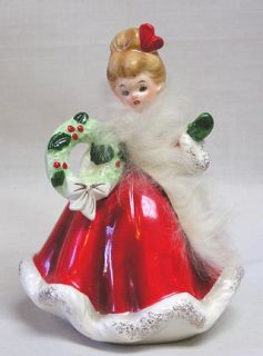 Vintage Christmas Josef Originals Lovely Lady w Wreath and Fur Collar