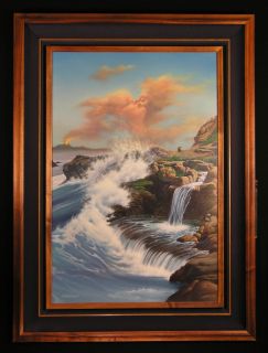Jim Warren Lovers Point Original Oil Waterfall Clouds Volcano Framed