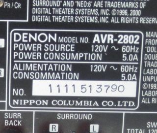 Denon AVR 2802 6 1 Channel 135W Precision Audio Component AV Surround