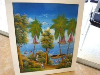 Signed Caribbean Island Scene Painting on Canvas Framed Colorful