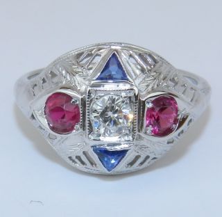 Antique Art Deco 18K White Gold Diamond Ruby Sapphire Filigree Ring