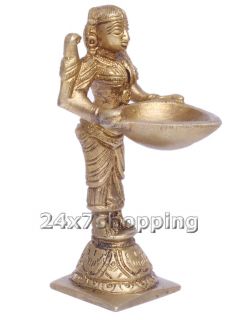 Brass India Lady Figurin Holding Deepak Diya Temple Worship Puja Pooja