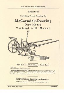 McCormick Deering One Horse Mower Manual IHC OP & Parts International