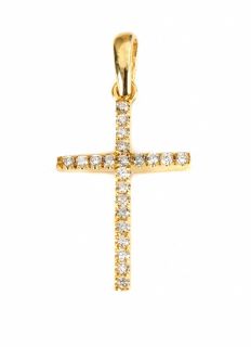 Simple Elegant Diamond Pendant Cross 14k Yellow Gold Genuine Round Cut